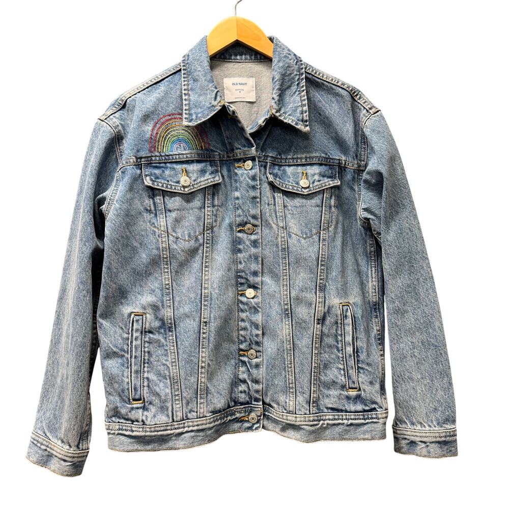 Old Navy Jean Jacket Womens Medium Boyfriend Blue Trucker Embroidered Rainbow
